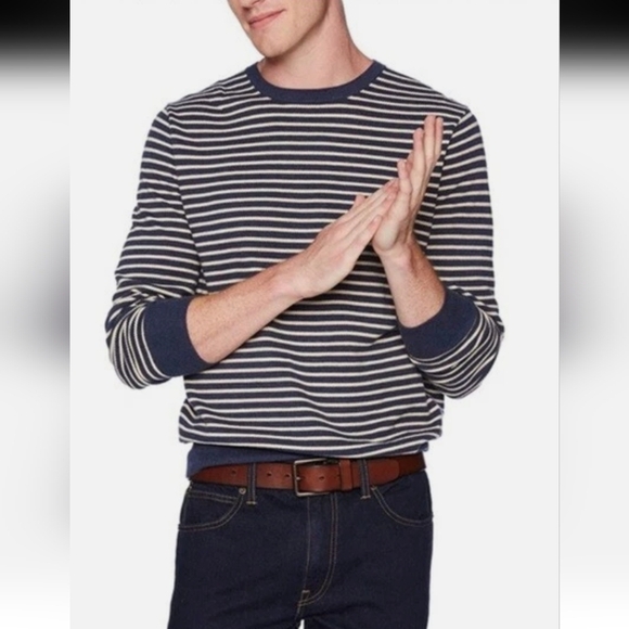 J.Crew Mercantile Mens Pique Striped Crewneck Sweater 100% Cotton Blue/Cream LG - Picture 3 of 11